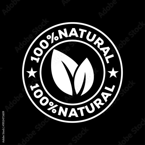 100% Natural Stamp Badge – Organic Leaf Circle Icon Black and White Vector