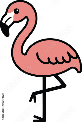 Cute pink flamingo vector illustration standing on one leg, cartoon tropical bird isolated on white background, minimal flat design.