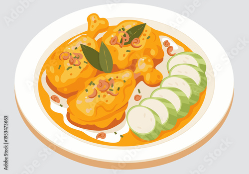 A vibrant illustration of Opor Lontong, a traditional Indonesian dish, presented on a white plate. It?s a delicious and visually appealing food image perfect for culinary or cultural themes.