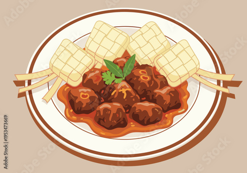 A vibrant illustration showcases Rendang Ketupat Feast, featuring meatballs in rich sauce and traditional glutinous rice cakes. Perfect for culinary or festive themes.