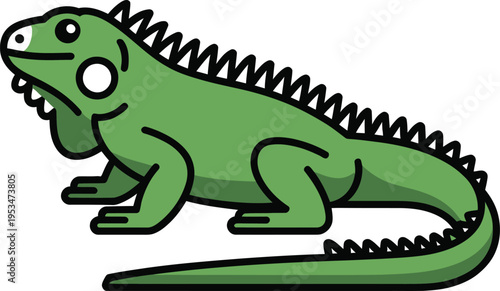Green Iguana Illustration, Cute Lizard Vector Character, Tropical Reptile Flat Design Isolated on White Background