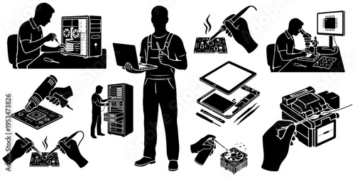 Set of black silhouettes for computer and electronics repair, server maintenance, and microchip soldering. Professional technician silhouette, isolated.