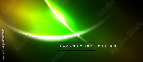 Abstract neon lines create vibrant green, yellow glow. Dark background emphasizes bright curves, text reads background design.