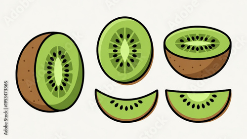 Illustration of whole and cut kiwi fruit icon on plain background 