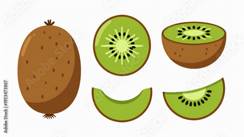Illustration of whole and cut kiwi fruit icon on plain background 