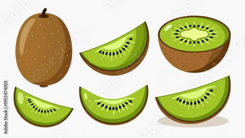Illustration of whole and cut kiwi fruit icon on plain background 