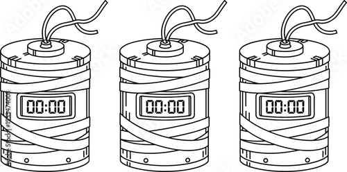 Cartoon bomb timer illustration set with digital countdown explosive devices wrapped in wires for danger warning and security concept