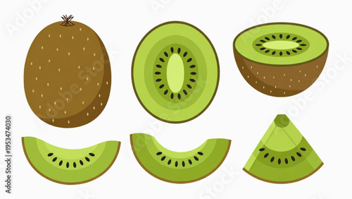Illustration of whole and cut kiwi fruit icon on plain background 