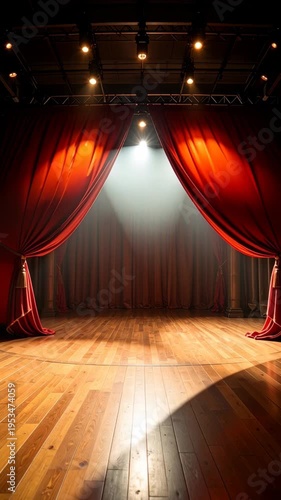 Empty theater stage with open red velvet curtains and bright central spotlight on polished wooden floor