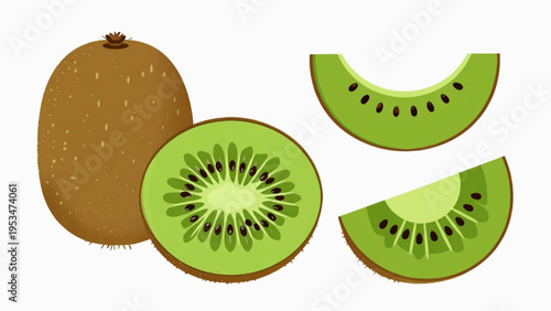 Illustration of whole and cut kiwi fruit icon on plain background 