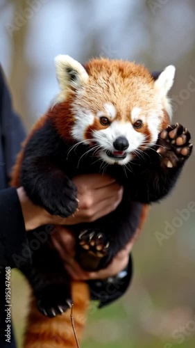 Cute red panda held in hands, fluffy fur, long striped tail, curious expression