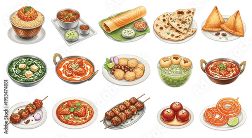 Indian Food Watercolor Set, Traditional Curry Street Food Snacks and Sweets Illustration Collection Isolated
