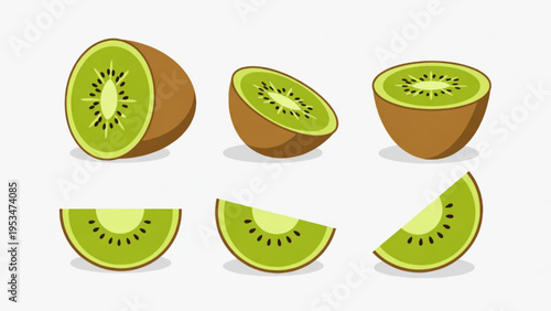 Illustration of whole and cut kiwi fruit icon on plain background 