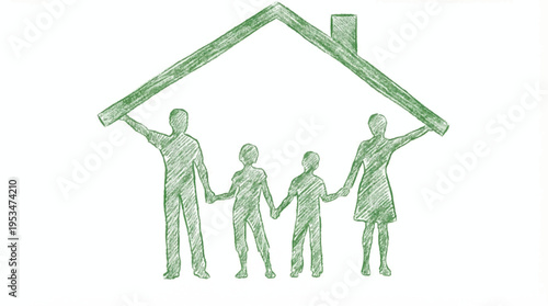 Green hand-drawn silhouette of a family holding hands under a house roof, concept of home