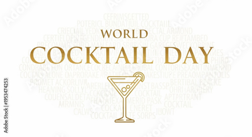 Golden cocktail glass with orange garnish on world cocktail day festive drink icon