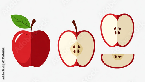 Illustration of a whole and sliced red apple icon on a plain background. 