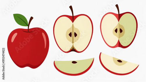 Illustration of a whole and sliced red apple icon on a plain background. 