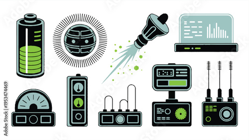 Energy and technology icons: battery, rocket, gauge, traffic light, computer monitor, and radio transmitter, gauge meter