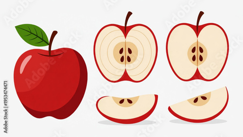 Illustration of a whole and sliced red apple icon on a plain background. 