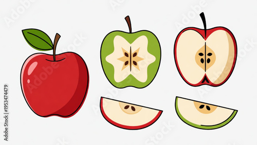 Illustration of a whole and sliced red apple icon on a plain background. 