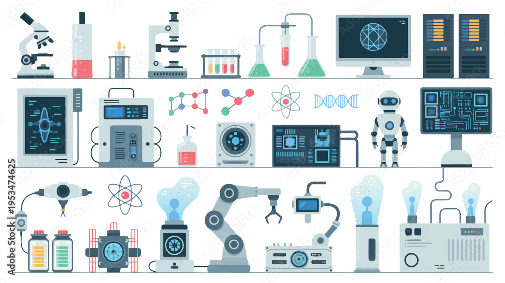 Fototapeta premium Science and technology set: microscopes, robots, circuit boards, lab equipment, and genetic molecules, circuit board