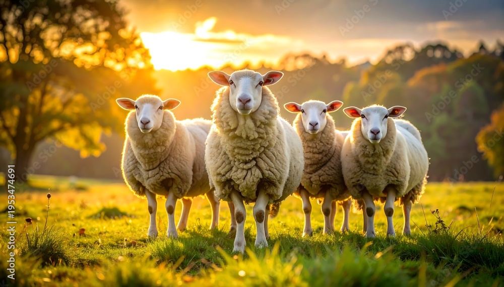 Obraz premium Four sheep gaze forward in a sunny field, sunset glowing behind them