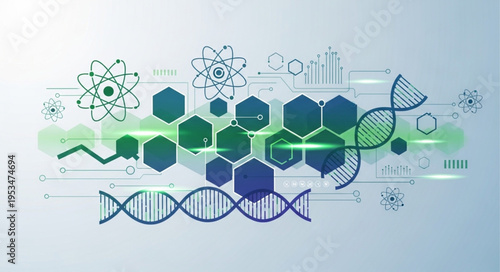 Science and Technology Abstract Illustration with DNA, Atoms, and Hexagons.