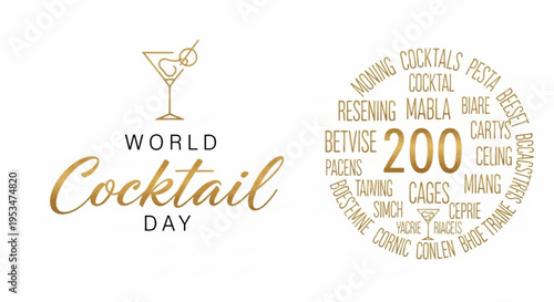 World cocktail day celebration with golden cocktail glass and typography on white background