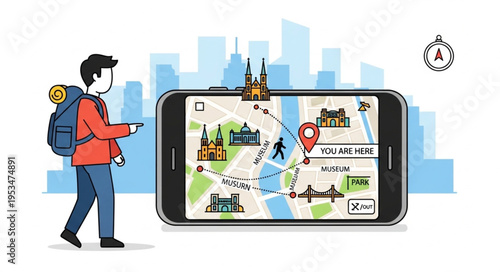 Traveler Using Mobile Navigation App for City Exploration.