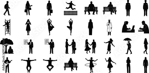 People silhouettes collection with daily life activities including walking working yoga sitting and social interaction for lifestyle and human activity concepts