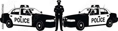 Police officer standing between patrol cars illustration representing law enforcement security protection authority and public safety concept design