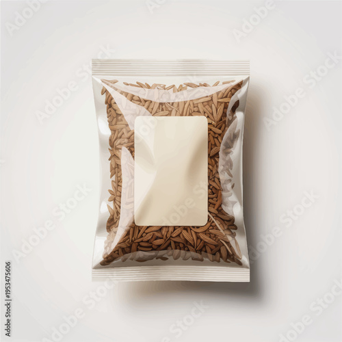 Sealed transparent plastic pouch bag filled with dry wheat seeds and a blank label for branding, studio shot, food service