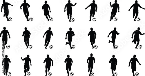 Soccer player silhouette collection with dribbling running and ball control poses for football training sports action and athletic design