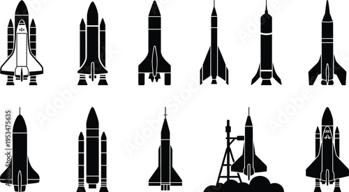 Rocket silhouette collection, space shuttle artwork, spacecraft launch icons, aerospace engineering design, futuristic rocket illustration, astronaut exploration symbols, outer space vehicle pattern