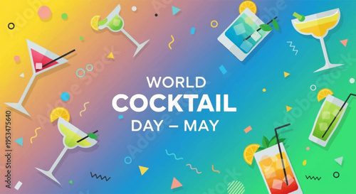 Colorful cocktail glasses with confetti on rainbow background for world cocktail day celebration