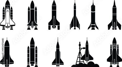 Rocket silhouette collection, space shuttle icons, spacecraft launch artwork, aerospace engineering design, futuristic rocket illustration, astronaut exploration symbols, outer space pattern