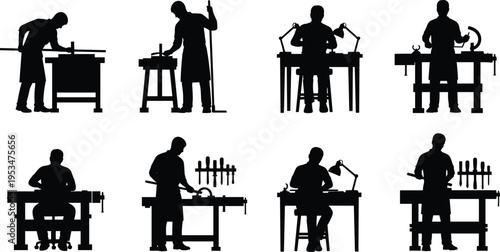 Set of carpenter silhouettes, woodworker icons, craftsman working at workbench with tools, artisan workshop scenes, manual labor and woodworking industry silhouettes