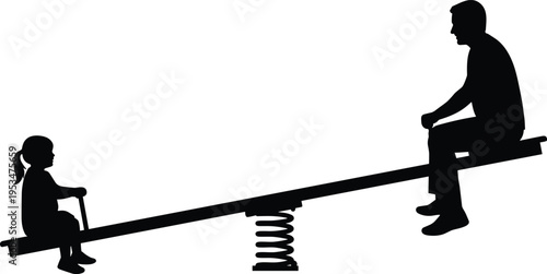 Silhouette of father and daughter playing on seesaw, teeter-totter in playground, family bonding, childhood joy, parenting, outdoor activity, and happiness concept