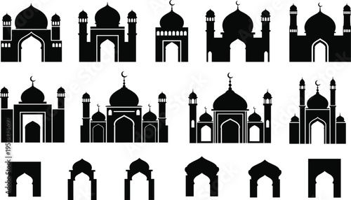 Set of Islamic mosque silhouettes, Arabic building icons, and traditional oriental arch shapes for Ramadan Kareem, Eid Mubarak, and Muslim festivals