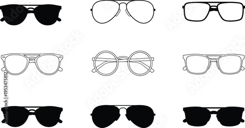 Collection, of, sunglasses, icons, including, aviator, wayfarer, and, round, frames, in, black, silhouette, and, outline, styles, for, summer, fashion, design,