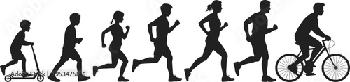 Silhouette collection of human growth stages, childhood to adulthood artwork, physical activity illustration, life progression design inspiration
