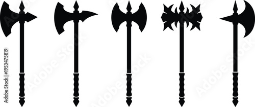 Medieval battle axe silhouette vector set isolated on white, fantasy warrior weapon collection, ancient viking hatchet and polearm graphic elements.