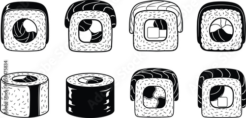 Sushi roll illustration set with different Japanese food styles including nigiri maki and rice rolls in black and white design