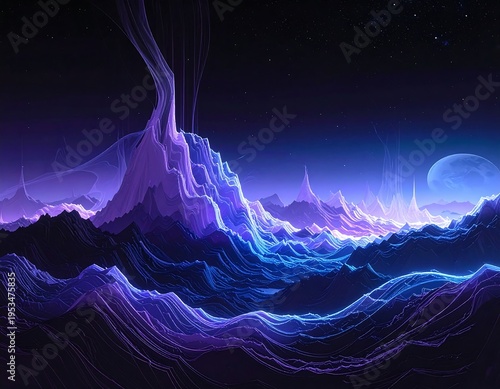 A vibrant, cosmic landscape with glowing blue and purple hues