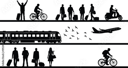 Travel and transportation silhouettes set with tourists luggage train airplane bicycle and urban mobility scenes for journey and vacation concept