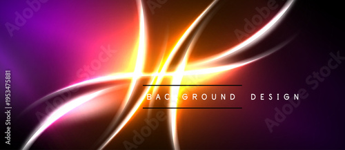 Vibrant abstract background. Neon lines intersect, creating dynamic light effects. Purple, orange, pink hues dominate composition.