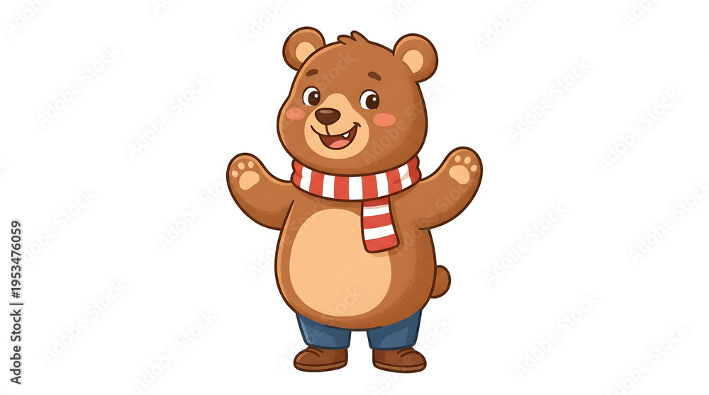Obraz premium A cheerful cartoon brown bear wearing a red and white striped scarf and blue jeans stands with arms outstretched on a plain white background