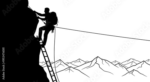 Person climbing ladder on mountain with rope and backpack on steep cliff face