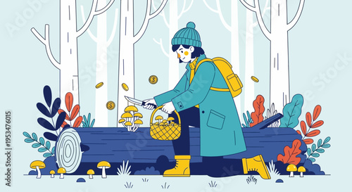 A person collects mushrooms in a forest, surrounded by trees and autumn foliage, with a basket and wearing a coat.