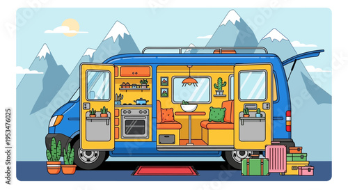 A blue camper van interior with yellow furniture and luggage in front of mountains